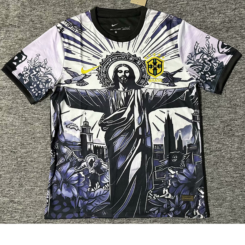 Mens Brazil Black White Jesus Edition Jersey 2025 Mens Brazil Black White Jesus Edition Jersey 2025 flat view showing black and white Christ graphic with yellow CBF crest