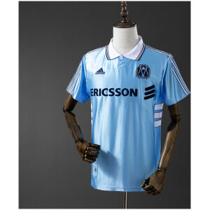 Mens Marseille Retro Away Jersey 1998/99 on mannequin showing sky blue body with white polo collar and Ericsson logo