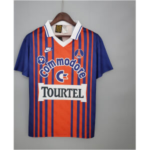 Mens PSG Retro Home Jersey 1992/93 on hanger showing red and royal blue vertical stripes with Commodore and Tourtel logos