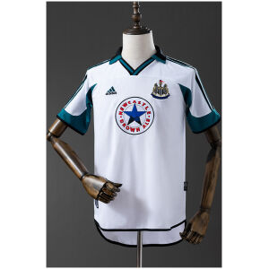 Mens Newcastle United Retro Away Jersey 1999/00 on mannequin showing white body with teal polo collar and blue star