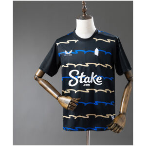 Mens Everton black Third Jersey 2025/26 on hanger showing black body with wavy gold and blue brushstroke stripes and crest