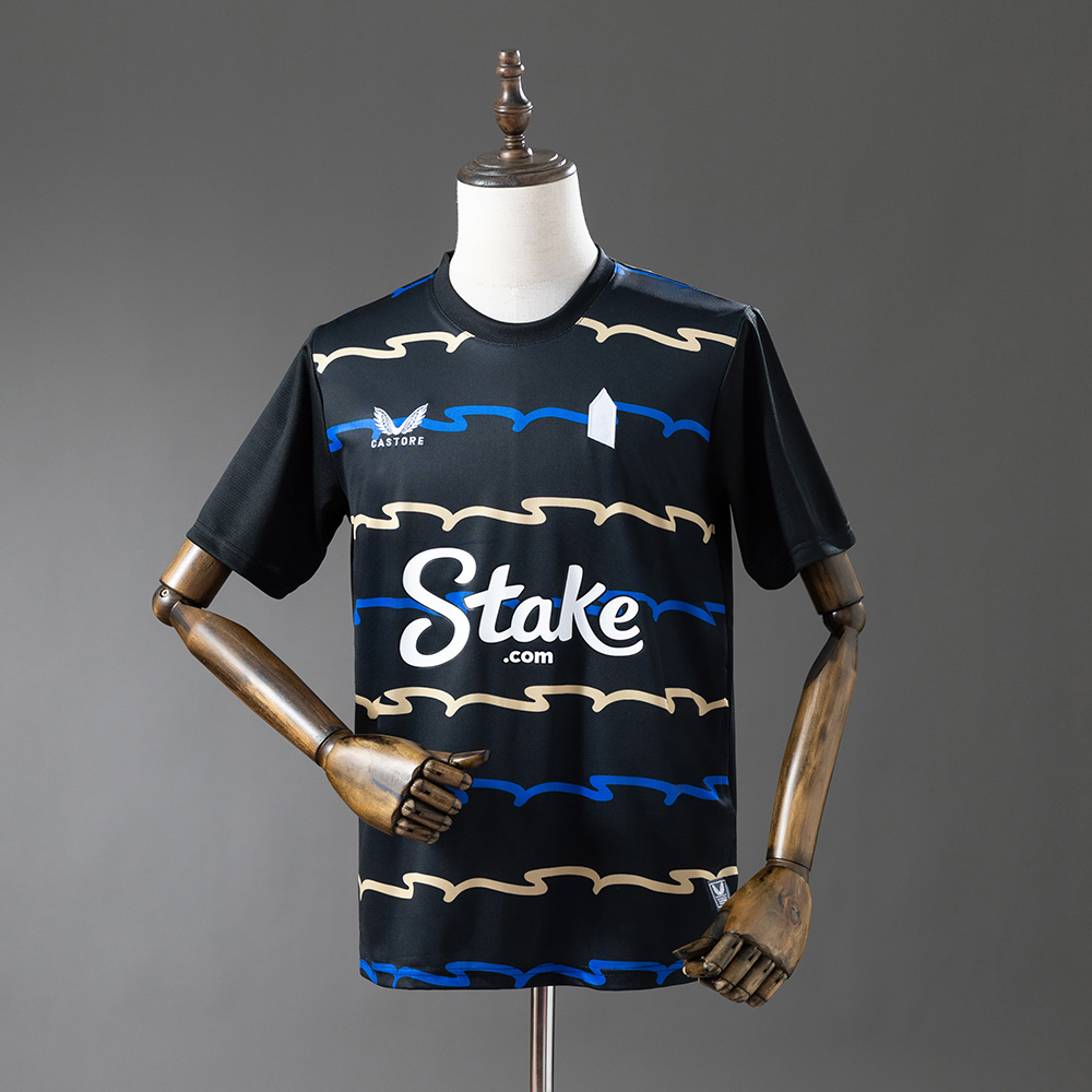 Mens Everton black Third Jersey 2025/26 Mens Everton black Third Jersey 2025/26 on hanger showing black body with wavy gold and blue brushstroke stripes and crest