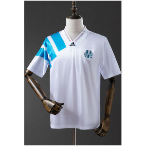 Mens Marseille Retro Home Jersey 1992/93 on mannequin showing white body and diagonal sky blue shoulder stripes