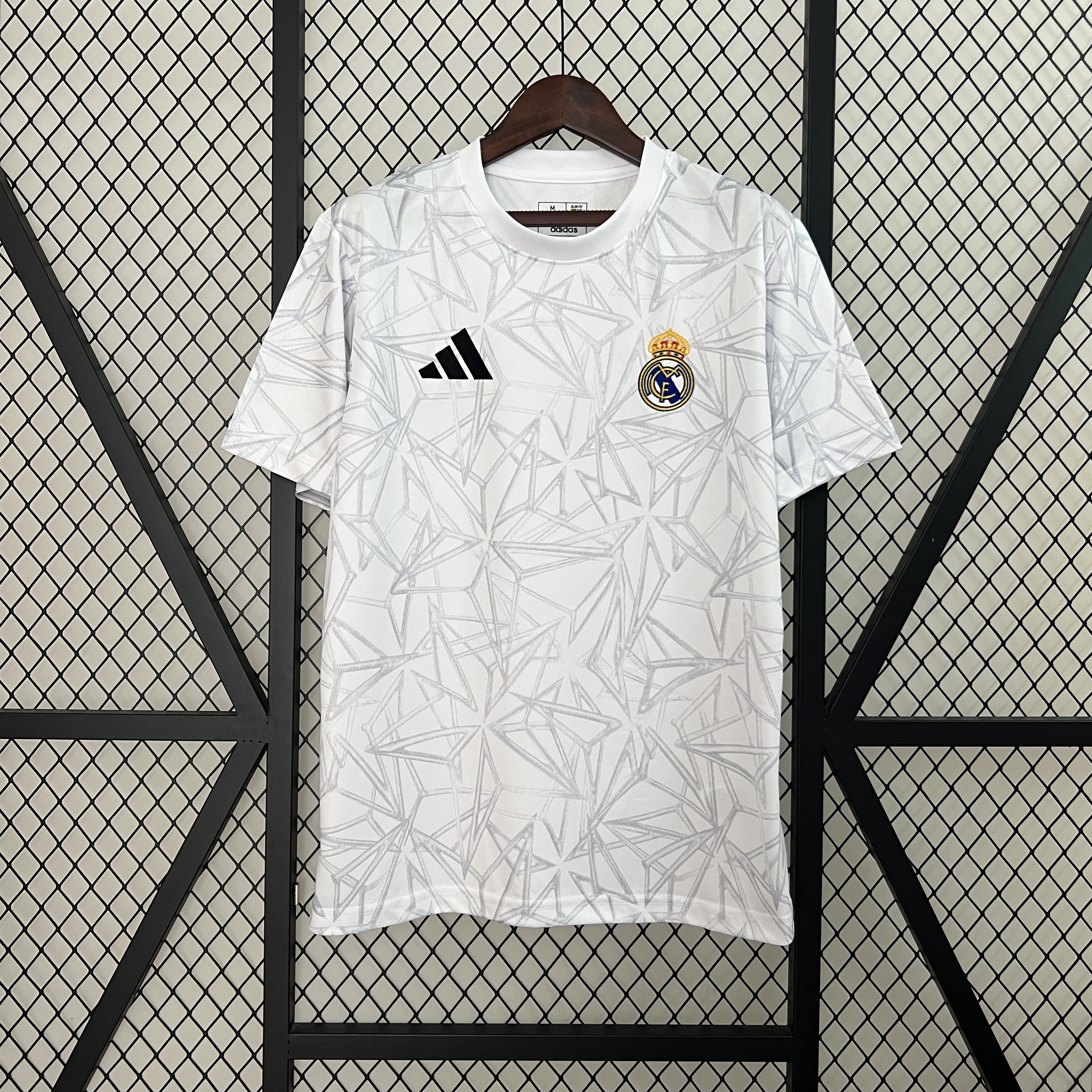 Mens Real Madrid Pre-Match Suit 2024/25 Mens Real Madrid 2024/25 white pre-match top with grey star graphic front view