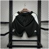 Mens Juventus Home Shorts 2024/25 on hanger showing jet black body with white diagonal hip inserts