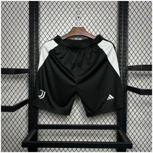 Mens Juventus Home Shorts 2024/25 on hanger showing jet black body with white diagonal hip inserts