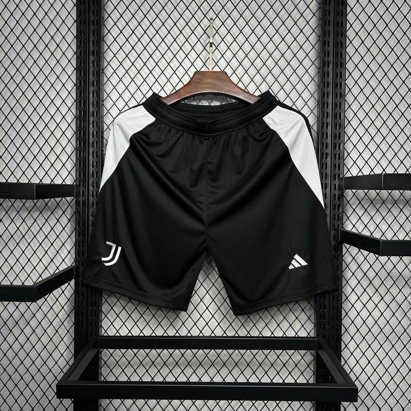 Mens Juventus Home Shorts 2024/25 Mens Juventus Home Shorts 2024/25 on hanger showing jet black body with white diagonal hip inserts