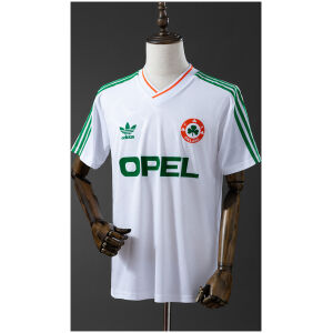 Mens Ireland Retro Away Jersey 1990 front view on mannequin displaying jacquard pattern and OPEL sponsor