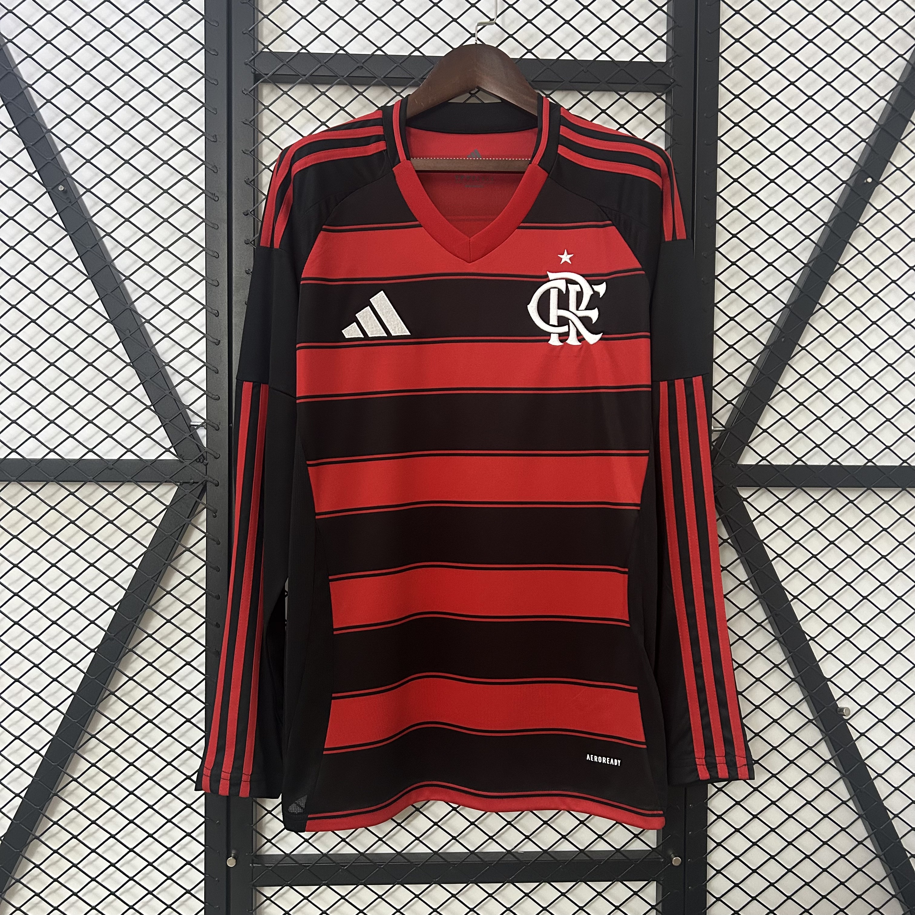 Mens Flamengo Long Sleeve Home Jersey 2025/26 Mens Flamengo Long Sleeve Home Jersey 2025/26 front view on display