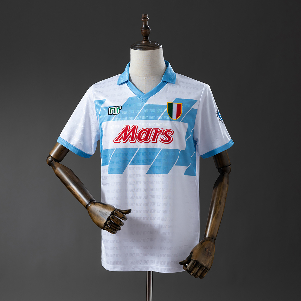 Mens Napoli Retro Away Jersey 1990/91 Mens Napoli Retro Away Jersey 1990/91 on mannequin showing white body with sky blue chest band