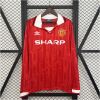 Mens Manchester United Retro Long Sleeve Home Jersey 1992/94 on hanger showing red jacquard body with lace-up collar