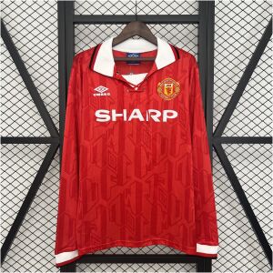 Mens Manchester United Retro Long Sleeve Home Jersey 1992/94 on hanger showing red jacquard body with lace-up collar