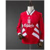 Mens Liverpool v Retro Long Sleeve Home Jersey 1993/95 on mannequin showing red body with diagonal white stripes and Carlsberg