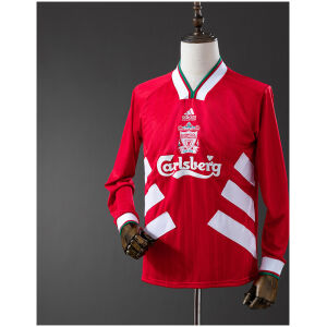 Mens Liverpool v Retro Long Sleeve Home Jersey 1993/95 on mannequin showing red body with diagonal white stripes and Carlsberg