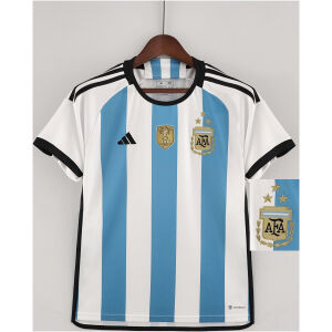 Mens Argentina Home3/star World Cup Jersey 2022 on hanger showing sky blue and white stripes with 3 stars