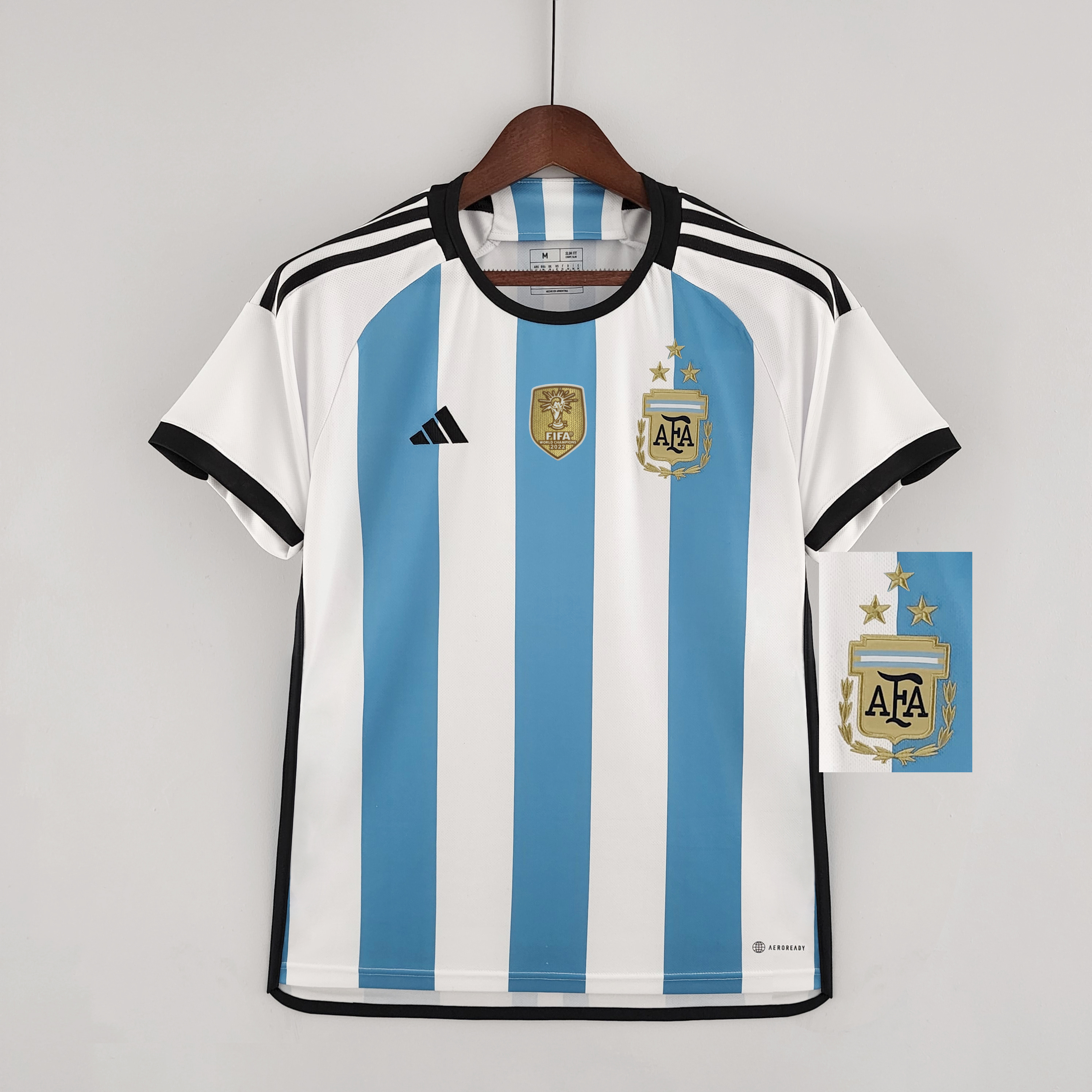 Mens Argentina Home3/star World Cup Jersey 2022 Mens Argentina Home3/star World Cup Jersey 2022 on hanger showing sky blue and white stripes with 3 stars