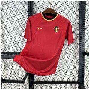 Mens Belgium Retro Home Jersey 2000 Mens Belgium Retro Home Jersey 2000 angled on hanger displaying crimson red body and crowned Belgian crest