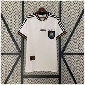 Mens Germany Retro Home Jersey 1996 front view on hanger showing button placket and tricolor collar ribbing