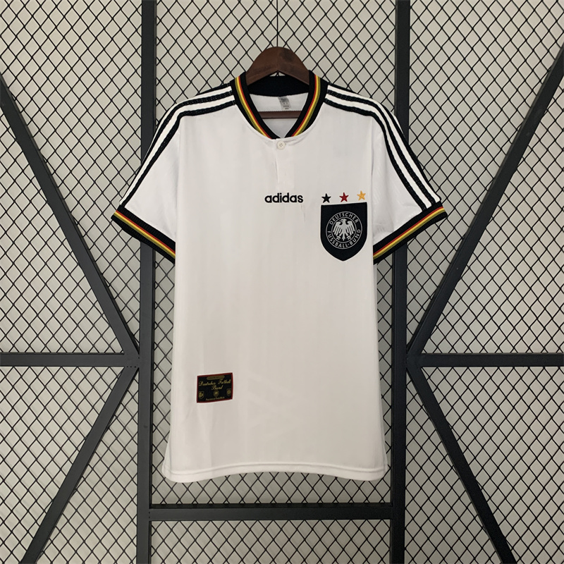 Mens Germany Retro Home Jersey 1996 Mens Germany Retro Home Jersey 1996 front view on hanger showing button placket and tricolor collar ribbing