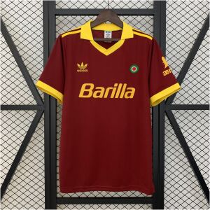 Mens Roma Retro Home Jersey 1991/92 on hanger showing carmine red body with yellow polo collar