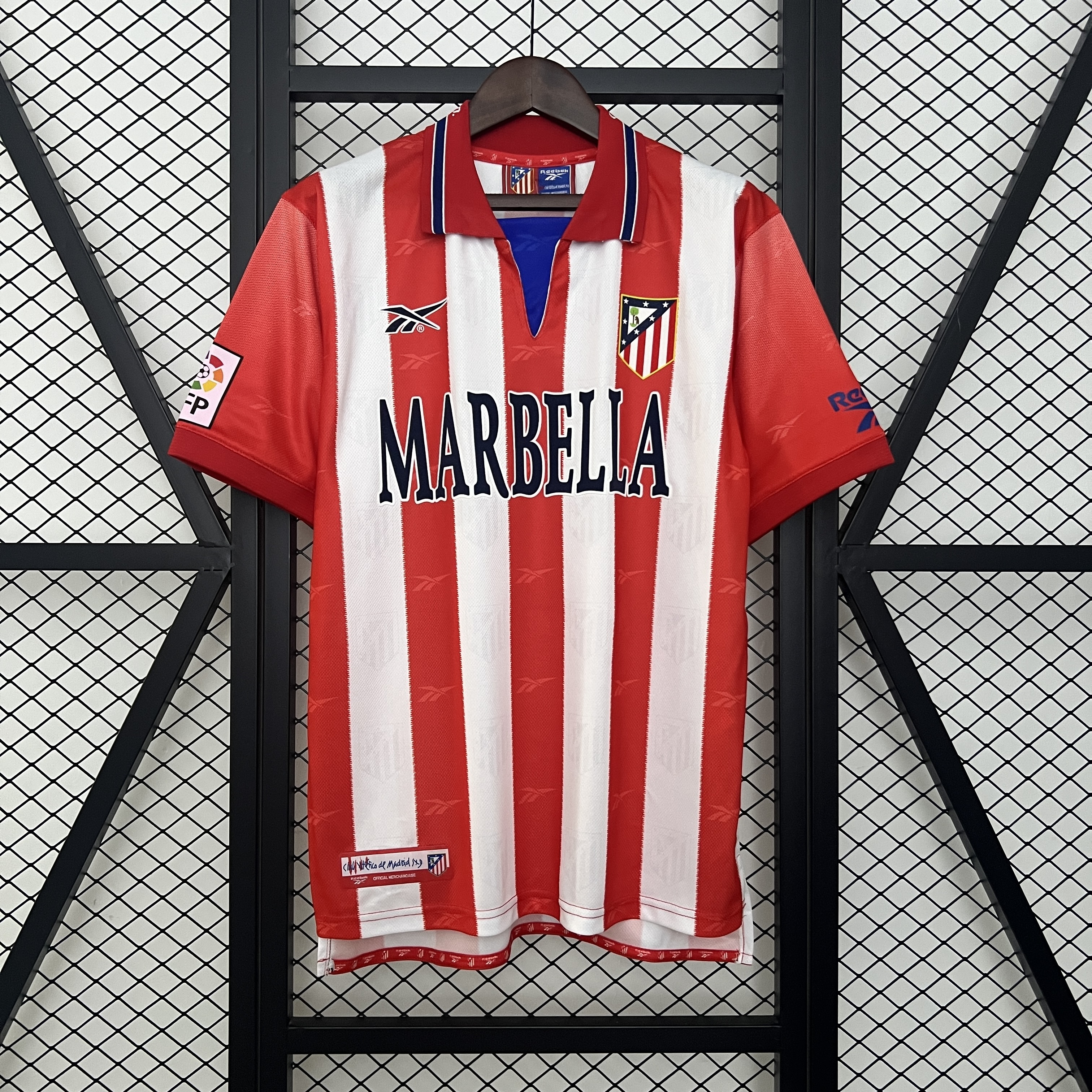 Mens Atletico Madrid Retro Home Jersey 1998/99 Mens Atletico Madrid Retro Home Jersey 1998/99 front view on display