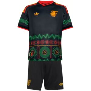 Kids Jamaica World Cup Away Jersey Kit 2026 black patterned shirt and shorts front view