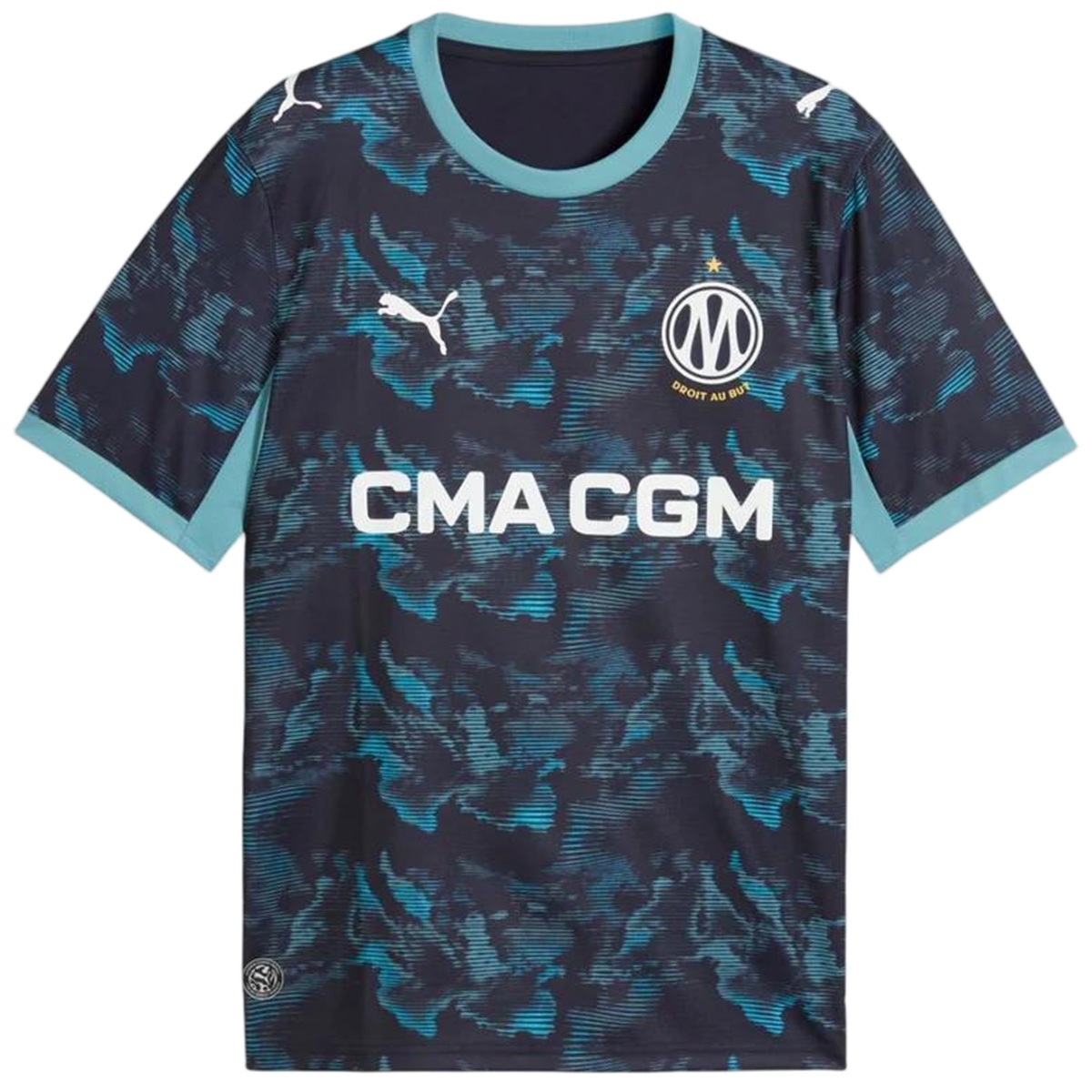 Mens Olympique Marseille Away Jersey 2026/27 Mens Olympique Marseille Away Jersey 2026/27 navy turquoise shirt flat front view