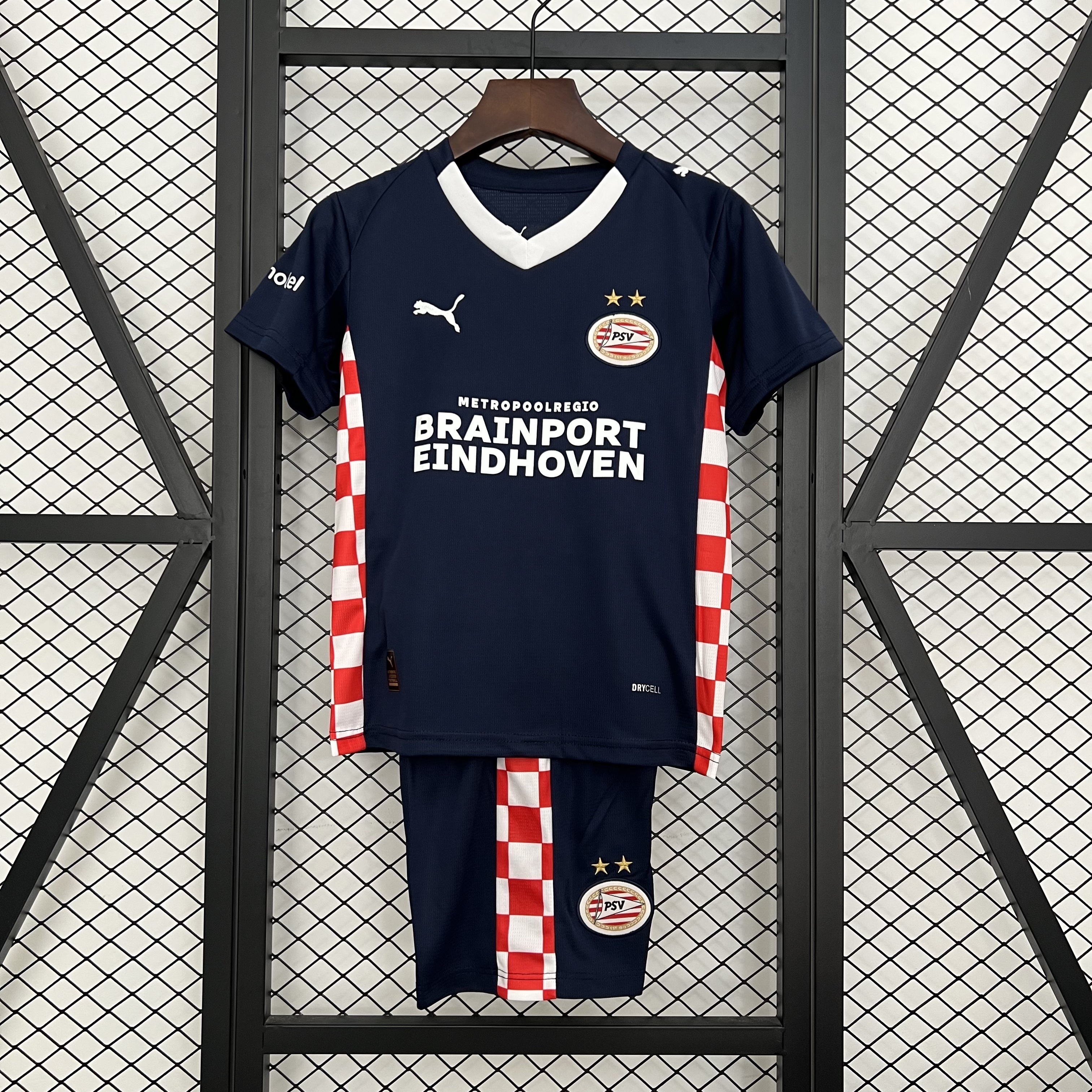 Kids PSV Eindhoven Away Kit 2025/26 Kids PSV Eindhoven Away Kit 2025/26 front view on display