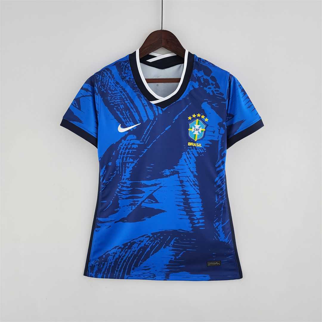 Womens World Cup Brazil Classic Blue Jersey 2022 Womens World Cup Brazil Classic Blue Jersey 2022 on hanger showing royal blue body with wave splatter art
