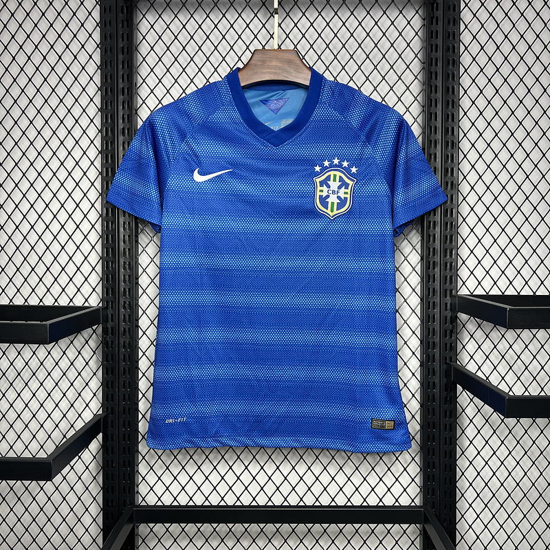 Mens World Cup Brazil Retro Away Jersey 2014 Mens World Cup Brazil Retro Away Jersey 2014 on hanger showing royal blue body with subtle horizontal gradient stripes