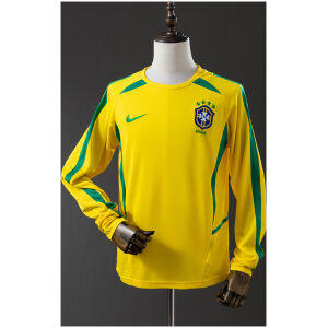 Mens World Cup Brazil Retro Long Sleeve Home Jersey 2002 front view on mannequin displaying green contour panels