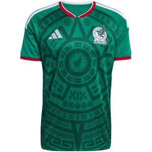 Mens Mexico 2026 green home shirt with Aztec-style front print front view