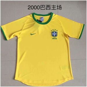 Mens Brazil Yellow Retro Home Jersey 2000 on hanger showing yellow body with wide green cuffs