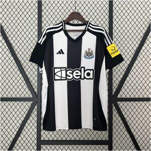 Mens Newcastle United Home Jersey 2024/25 on hanger showing black and white stripes with black sleeves and sela