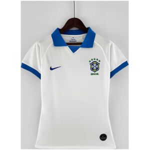 Womens Brazil Retro Away Jersey 2019 on hanger showing white body with royal blue polo collar