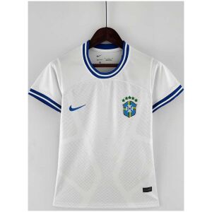 Womens World Cup Brazil Concept White Jersey 2022 on hanger showing white body with blue striped collar