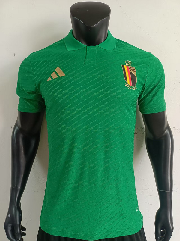 Mens Belgium green player Polo 2025 Mens Belgium green player Polo 2025 front view on mannequin displaying polo collar and gold crowned emblem