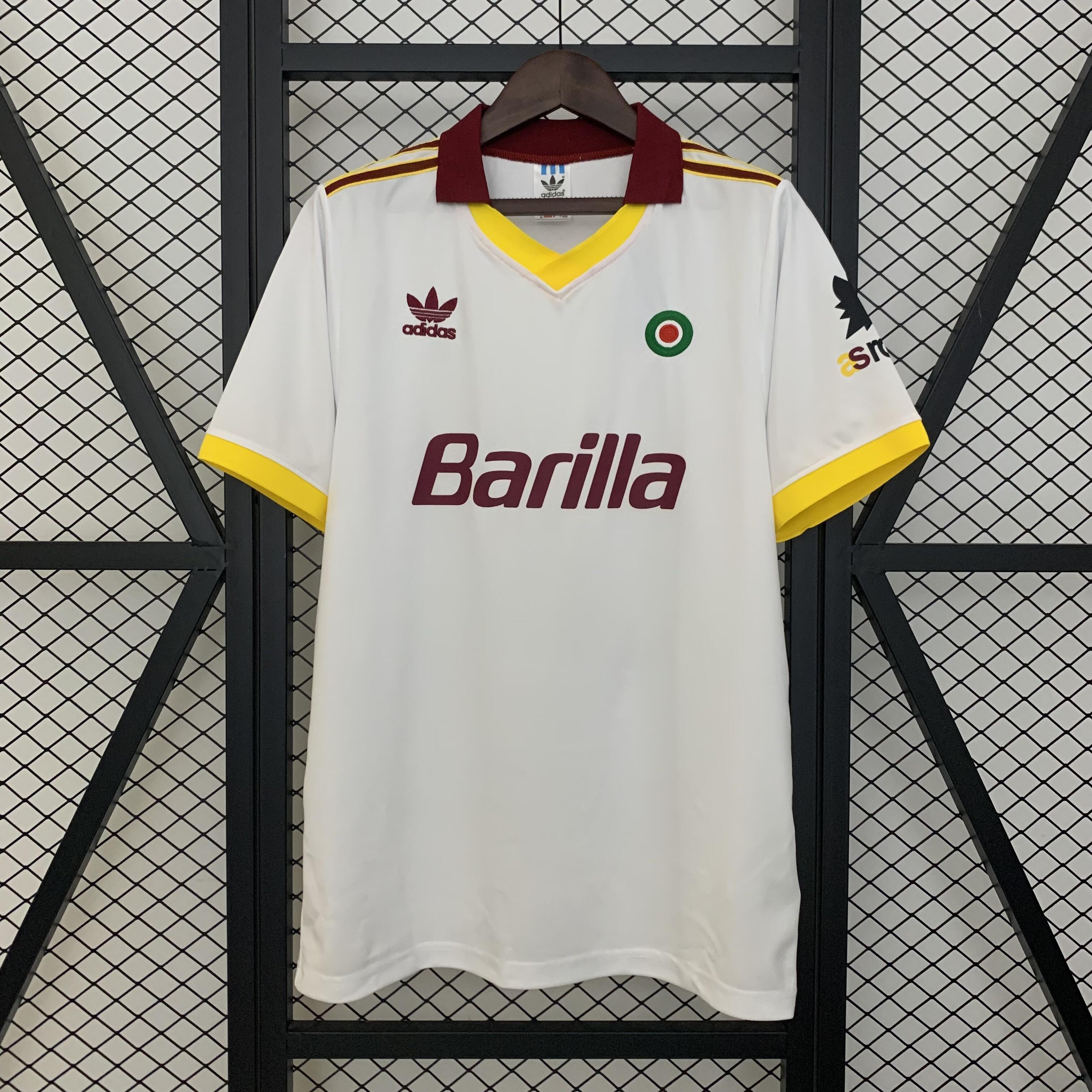 Mens Roma Retro Away Jersey 1991/92 Mens Roma Retro Away Jersey 1991/92 on hanger showing white body and maroon polo collar