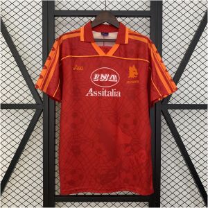 Mens Roma Retro Home Jersey 1995/96 on hanger showing carmine red body with Lupetto jacquard weave