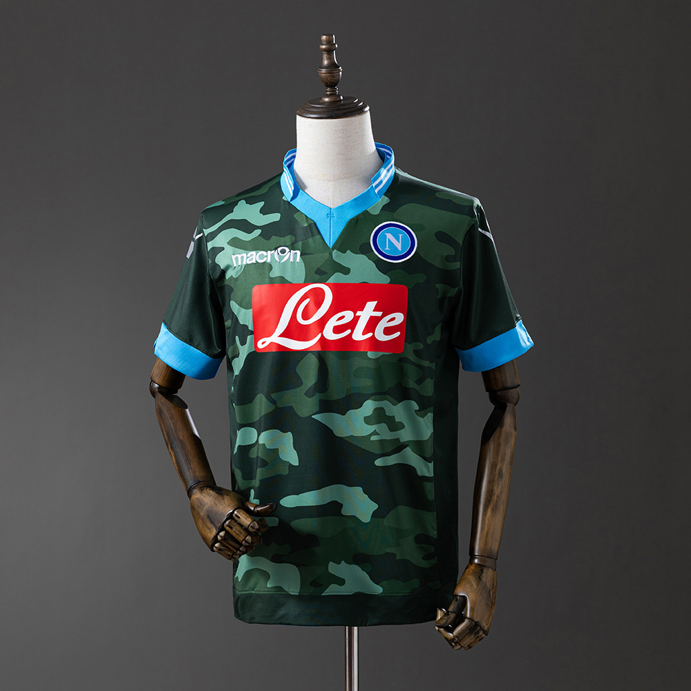 Mens Napoli Retro Home Jersey 2013/14 Mens Napoli Retro Home Jersey 2013/14 on mannequin showing green camouflage print and blue collar