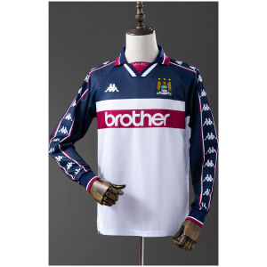 Mens Manchester City Retro Long Sleeve Away Jersey 1997/98 on mannequin showing navy-white body with long taped sleeves