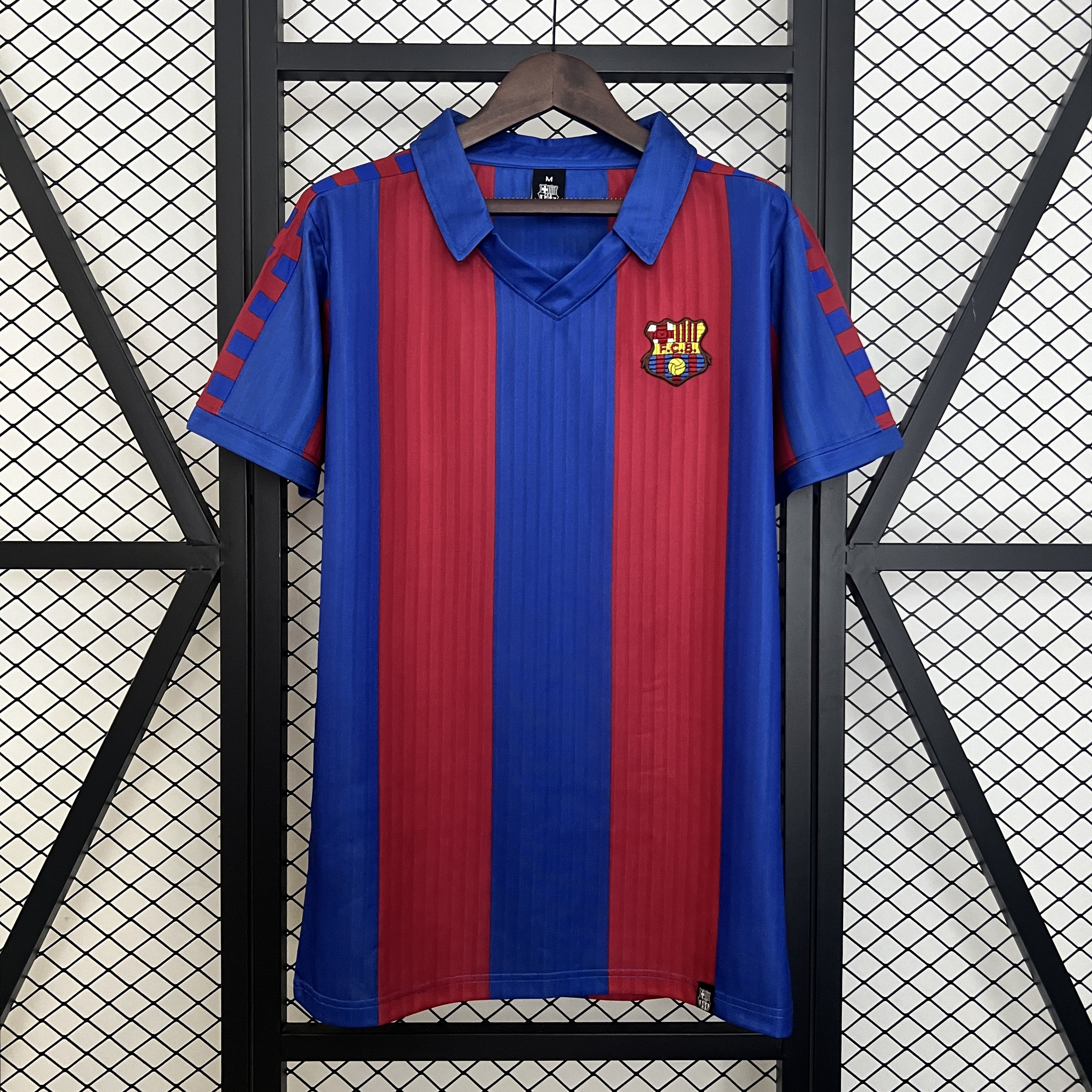 Mens Barcelona Retro Home Jersey 1991/92 Mens Barcelona retro home shirt with red and blue stripes front view