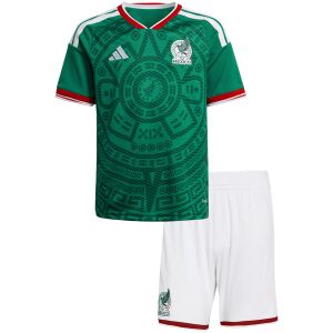 Kids Mexico 2026 home shirt with Aztec chest print and white shorts front view