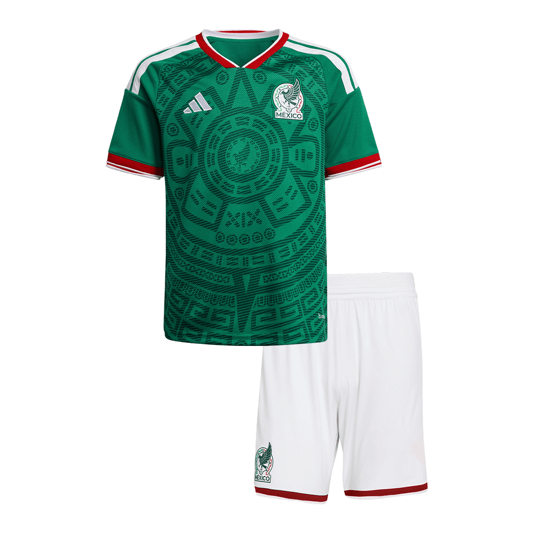 Kids Mexico World Cup Home Kit 2026 Kids Mexico 2026 home shirt with Aztec chest print and white shorts front view