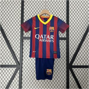 Kids Barcelona Retro Home Kit 2013/14 Kids Barcelona retro home kit with blaugrana stripes and yellow V-neck front view