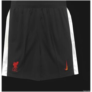 Mens Liverpool Third Shorts 2024/25 flat display showing black fabric with white side stripes and bright red Liver Bird crest