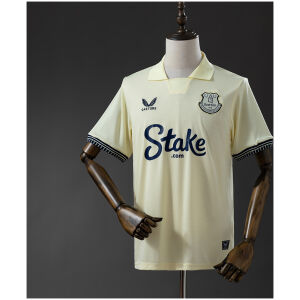 Mens Everton Adult Away Jersey 2025/26 Mens Everton Adult Away Jersey 2025/26 on hanger showing yellow micro-check body with spread polo collar and navy trim