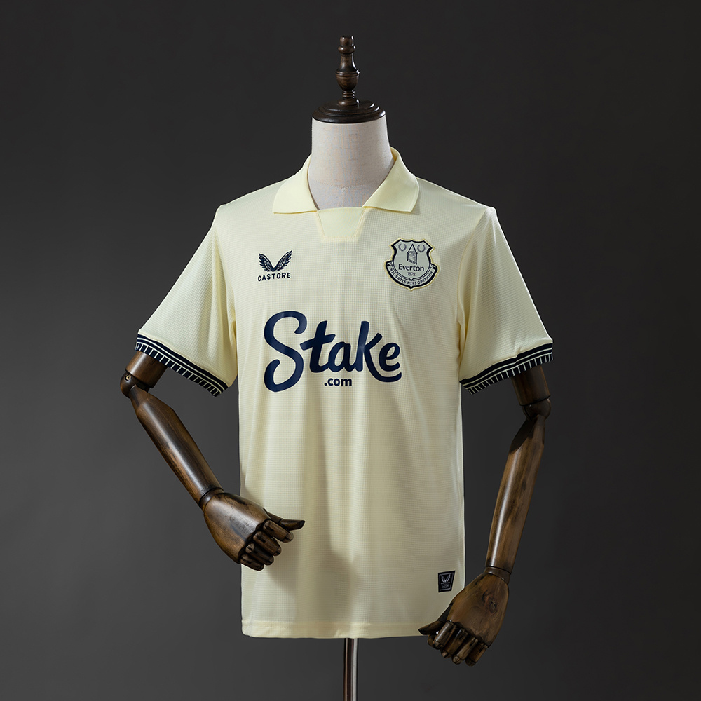 Mens Everton Adult Away Jersey 2025/26 Mens Everton Adult Away Jersey 2025/26 on hanger showing yellow micro-check body with spread polo collar and navy trim