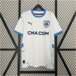 Mens Marseille Home Jersey 2024/25 on hanger showing white body with sky blue trims and patterned hem panels