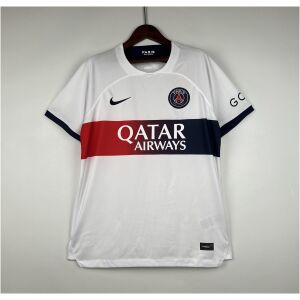 Mens PSG Away Jersey 2023/24 on hanger showing crisp white torso with red-to-navy gradient chest band